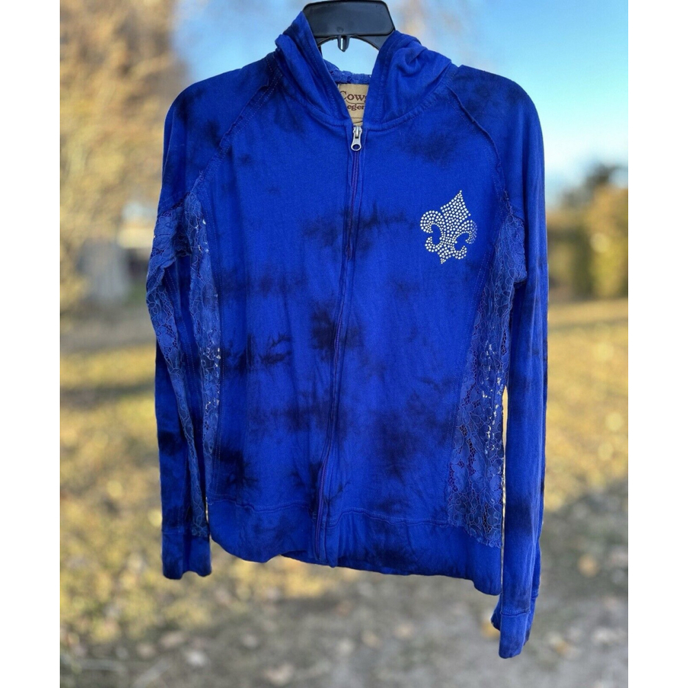 Cowgirl Legend Distressed Lace Hoodie Zip Jacket Womens Large Blue Lightweight - Picture 3 of 16